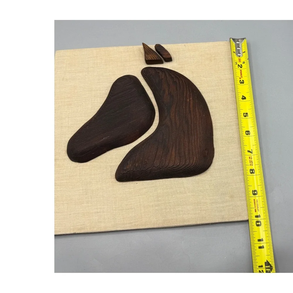 Vintage Mid Century Modern Abstract Wood Horse Head Wall Art Linen Board 9.5in